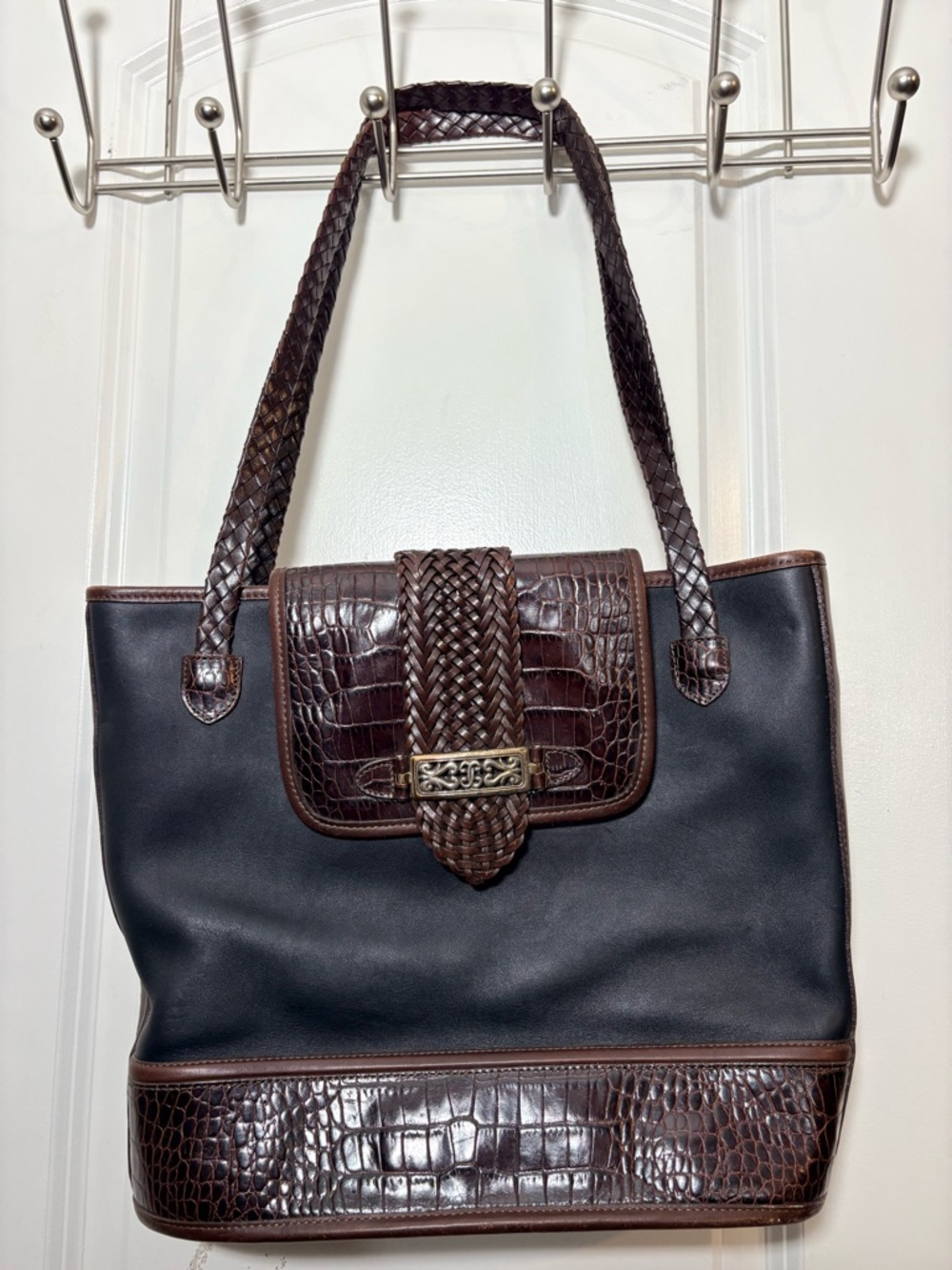 Vintage Brighton Barbados Leather Tote Shoulder Bag - Black & Croc Mahogany